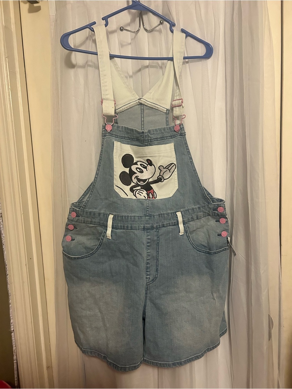 Disney Light Blue Denim Mickey Mouse Short Overalls with Pink Accents